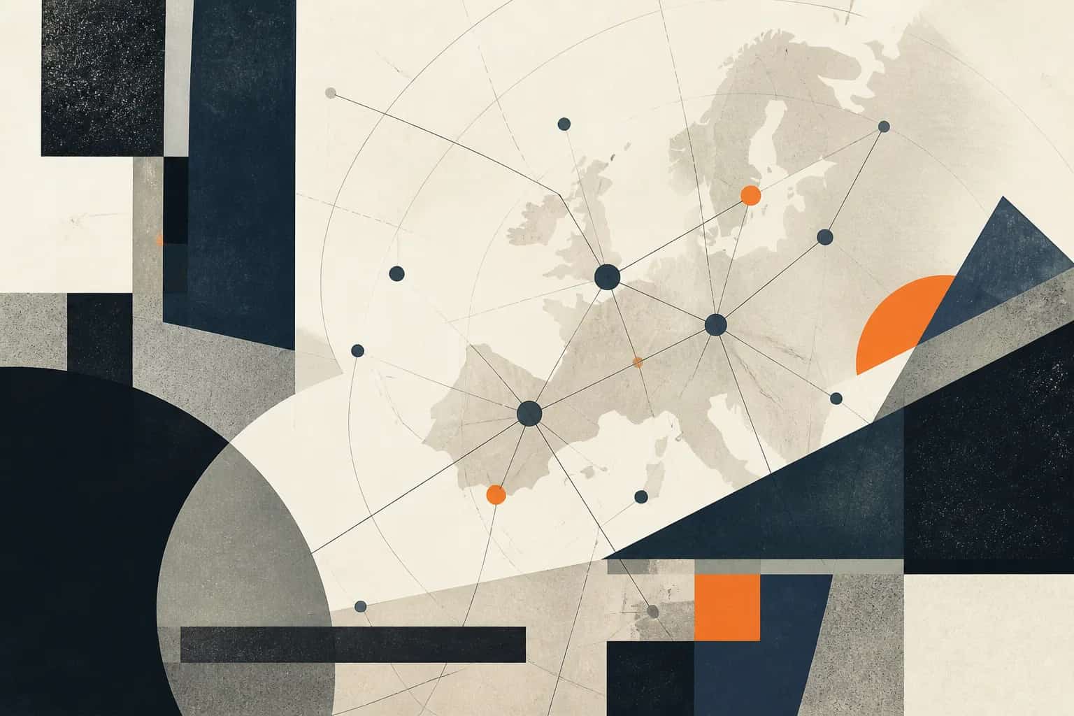 Abstract editorial artwork for "Startup Events in Europe 2025: Recap and 2026 Planning Guide"