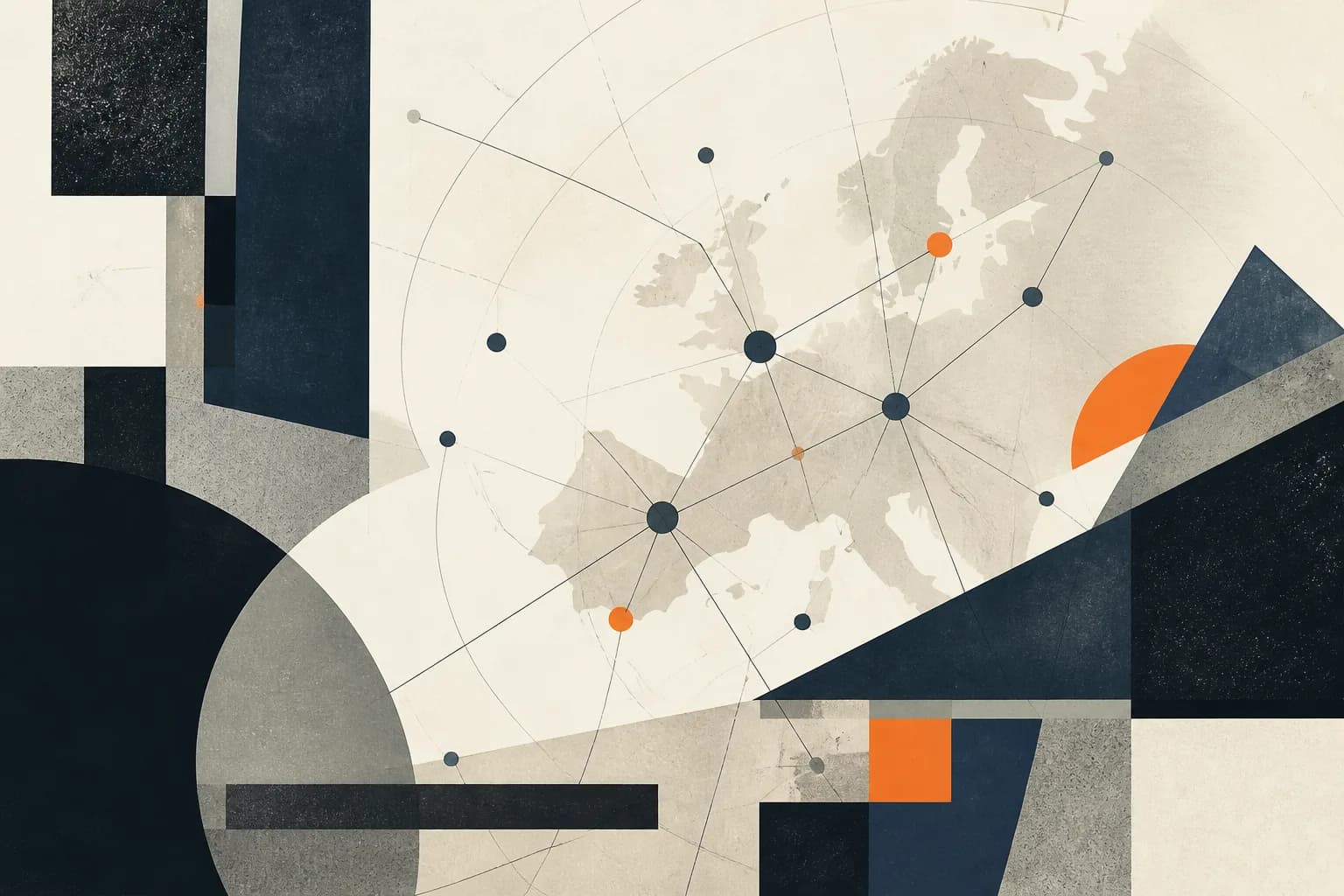 Abstract editorial artwork for "Startup Events in Europe 2025: Recap and 2026 Planning Guide"