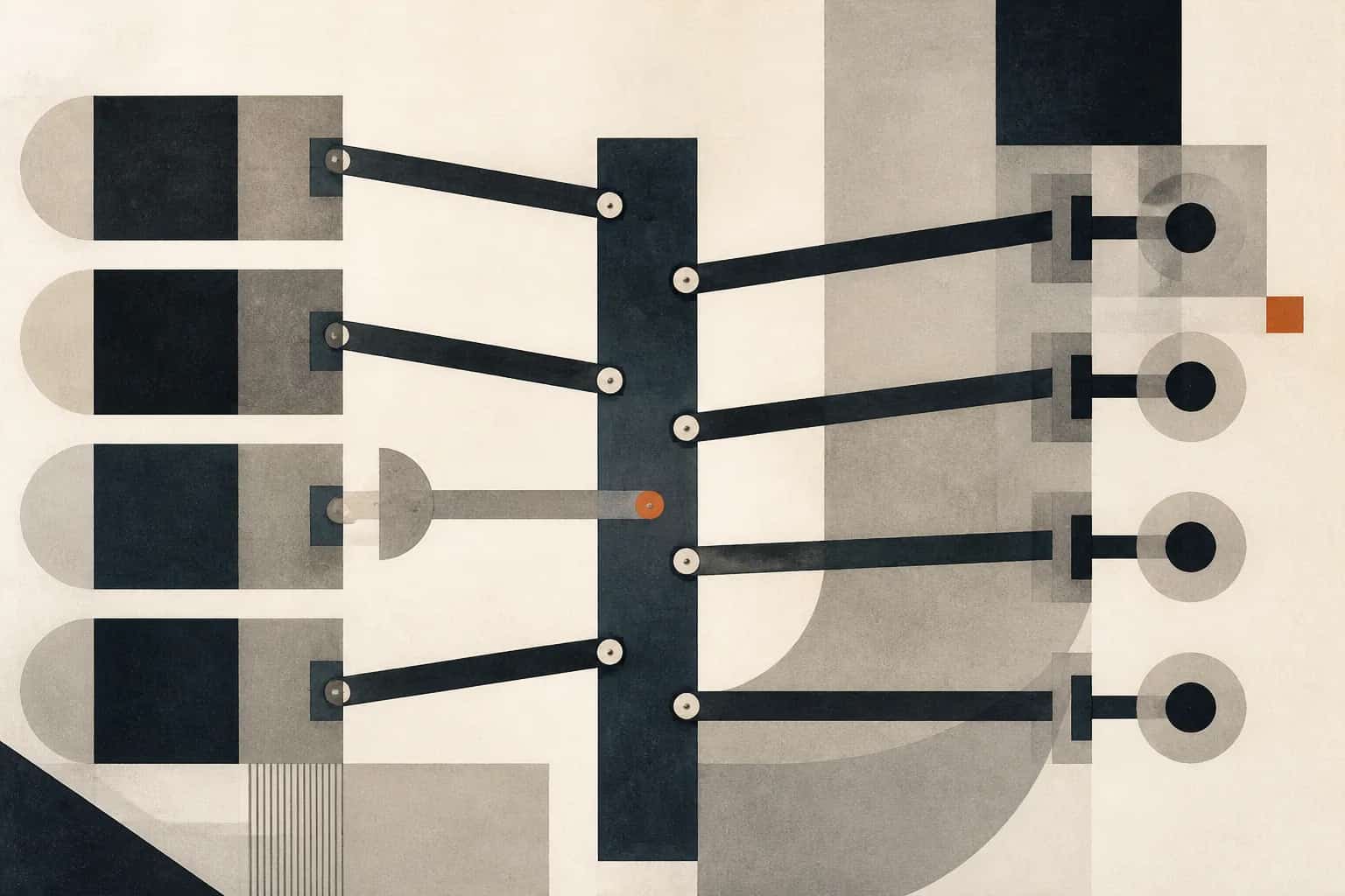 Abstract hinged communication routes joined to a central control bar with approval pins