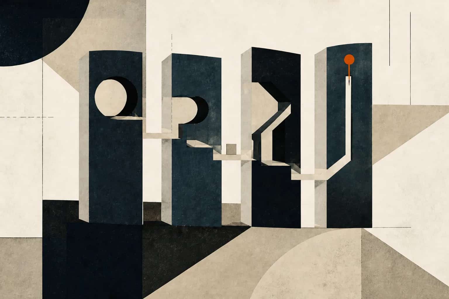Abstract mechanical relay passing one tile across four distinct columns to a final approval pin