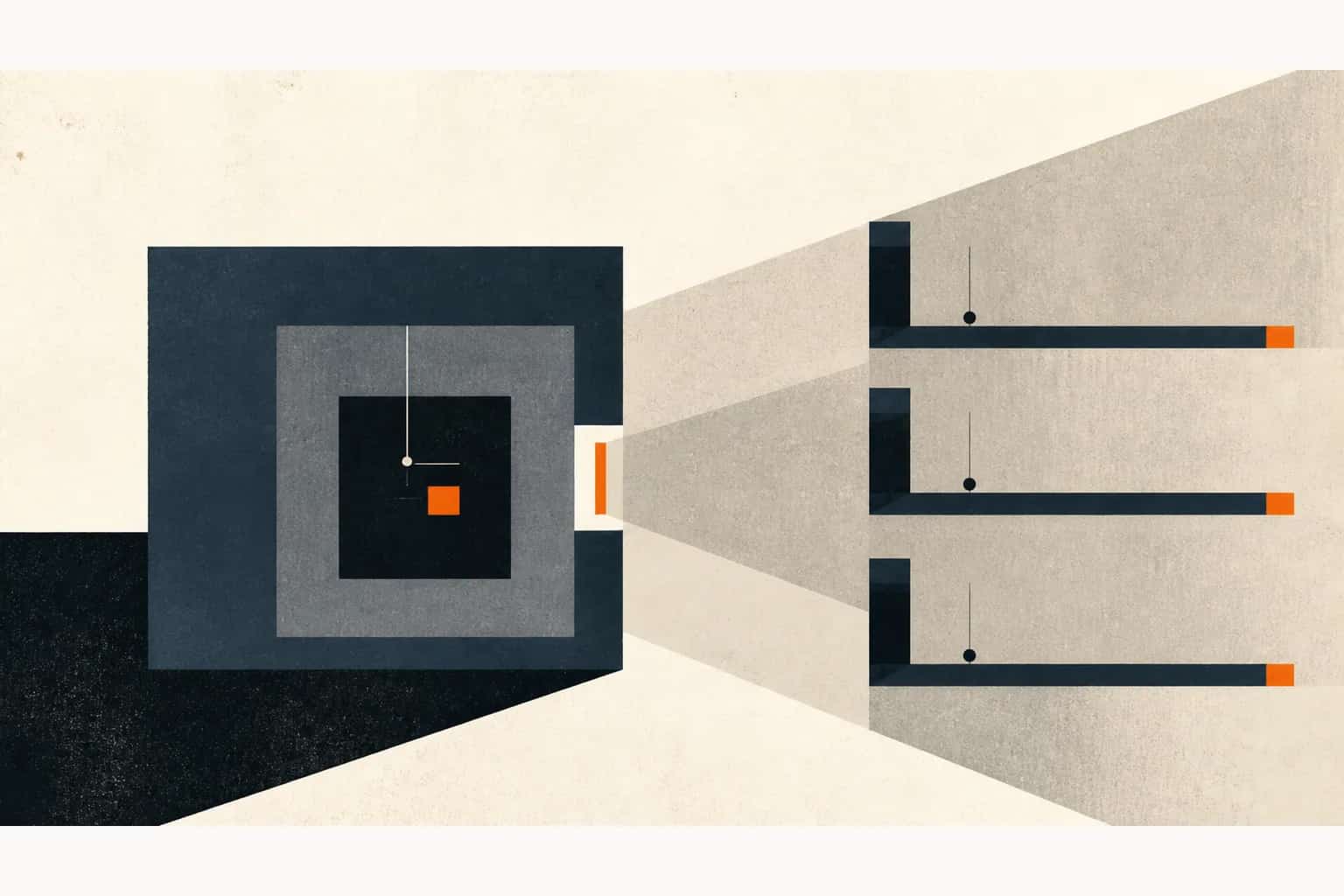 A sealed slate core opening through a narrow threshold into three controlled co-investor paths
