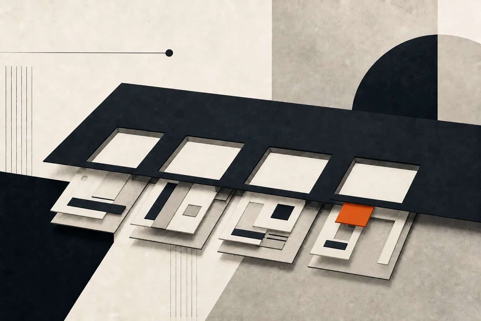Four monitoring layers aligned beneath a principal reporting surface, with one orange decision marker