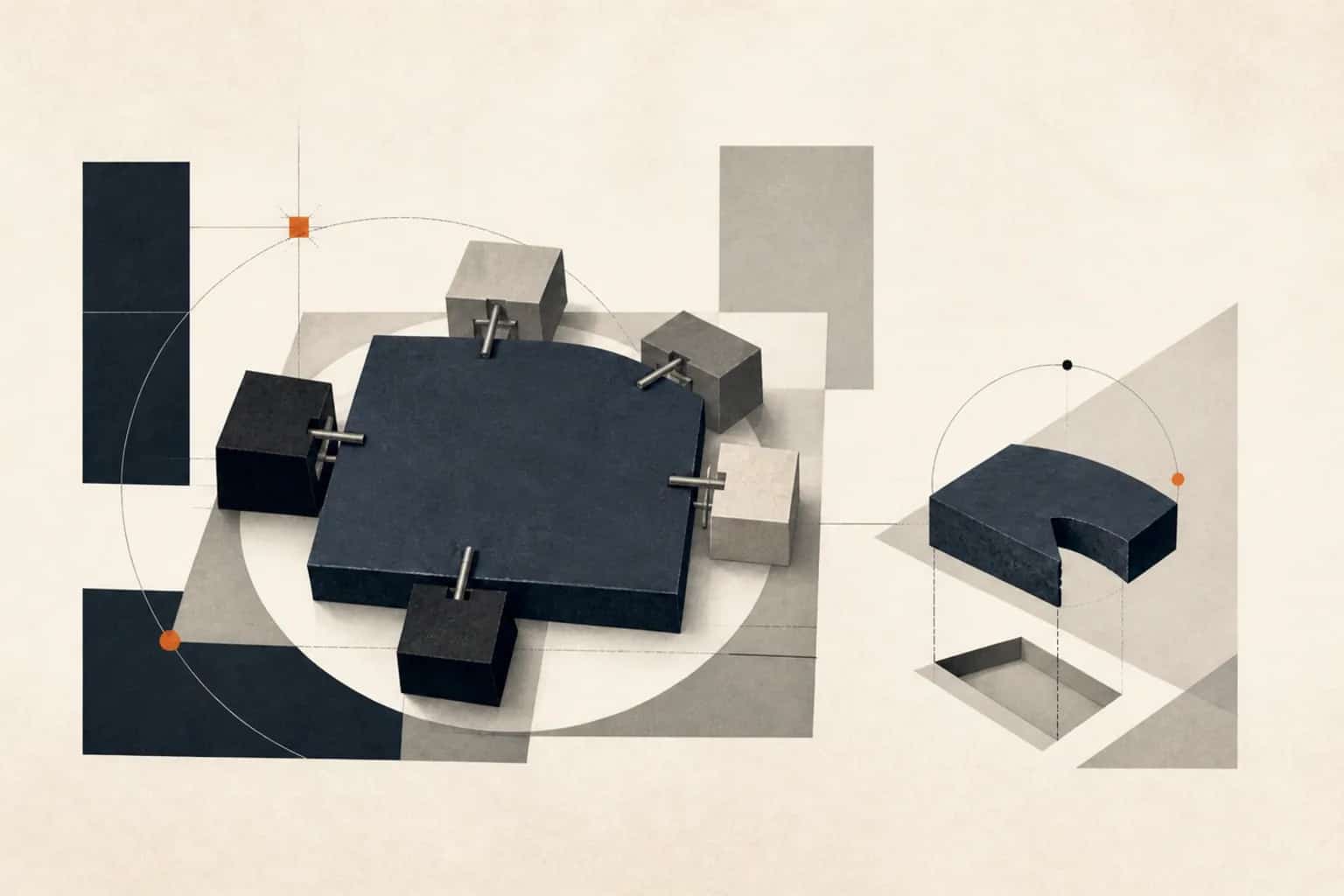 Five external modules clamp around an intact growth slab beside a lifted ownership slice