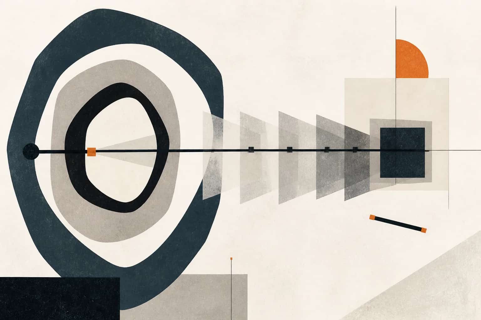 Nested ownership loops crossed by a precise finance rail that aligns translucent reporting planes into a square window