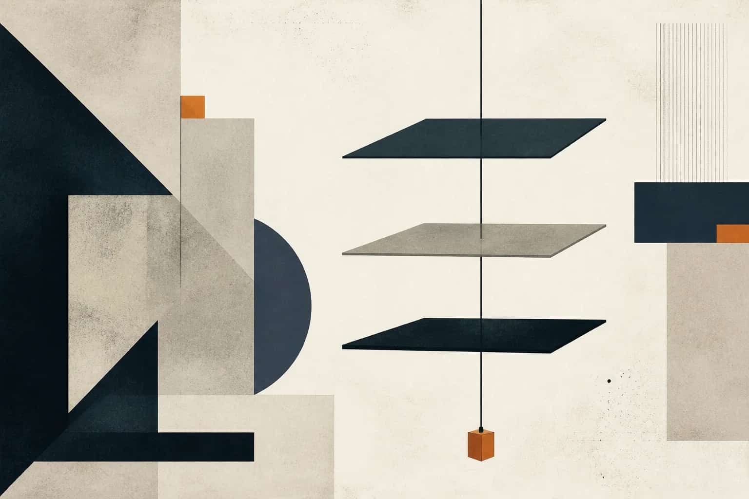 Three irregular finance layers align around a slate plumb line with a small orange counterweight