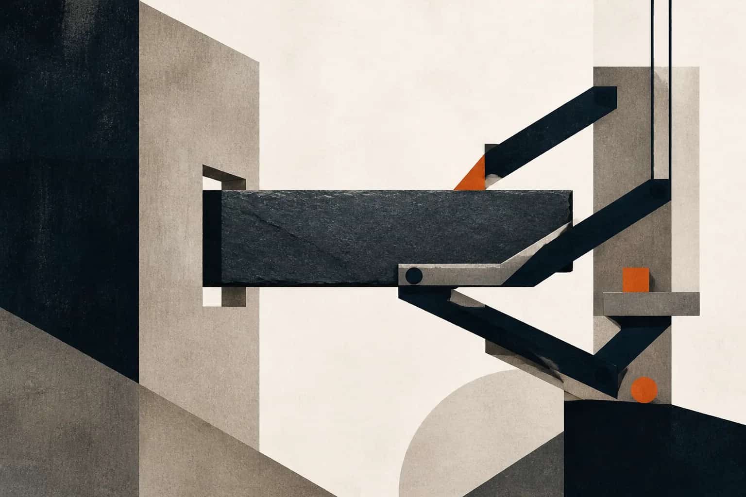 A dense slate block meets a rigid aperture while articulated braces carry its load across a gap