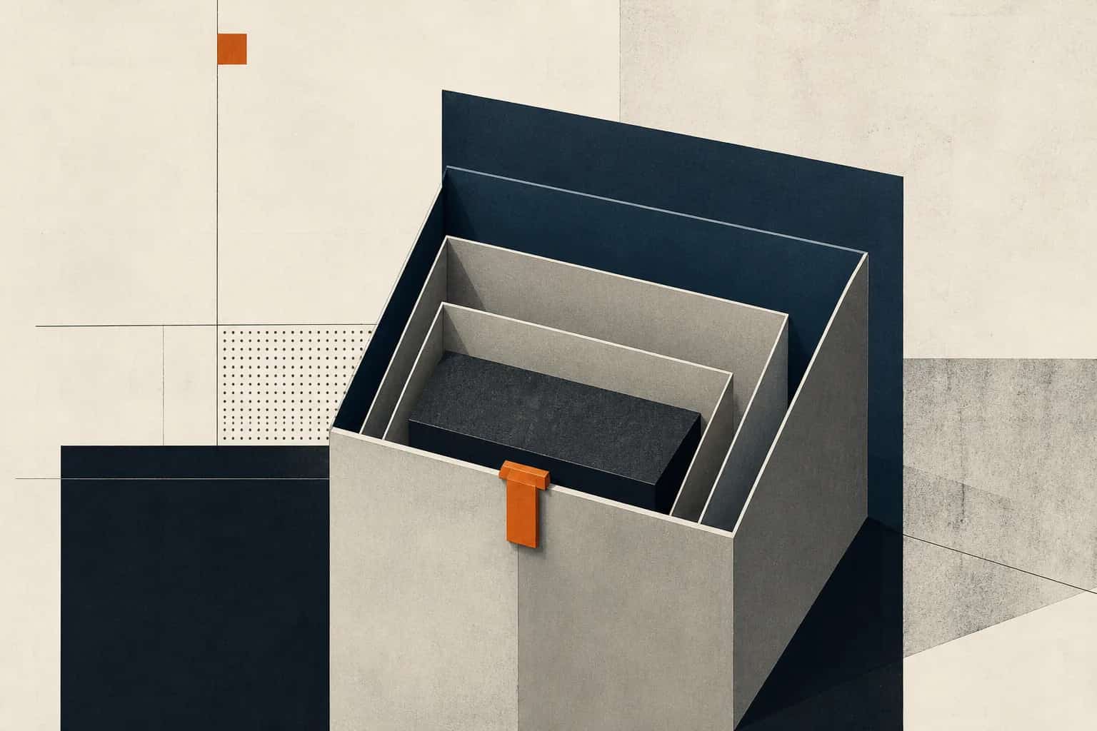 Nested slate and gray sleeves create increasing clearance around a fixed dark core, secured by a small orange latch