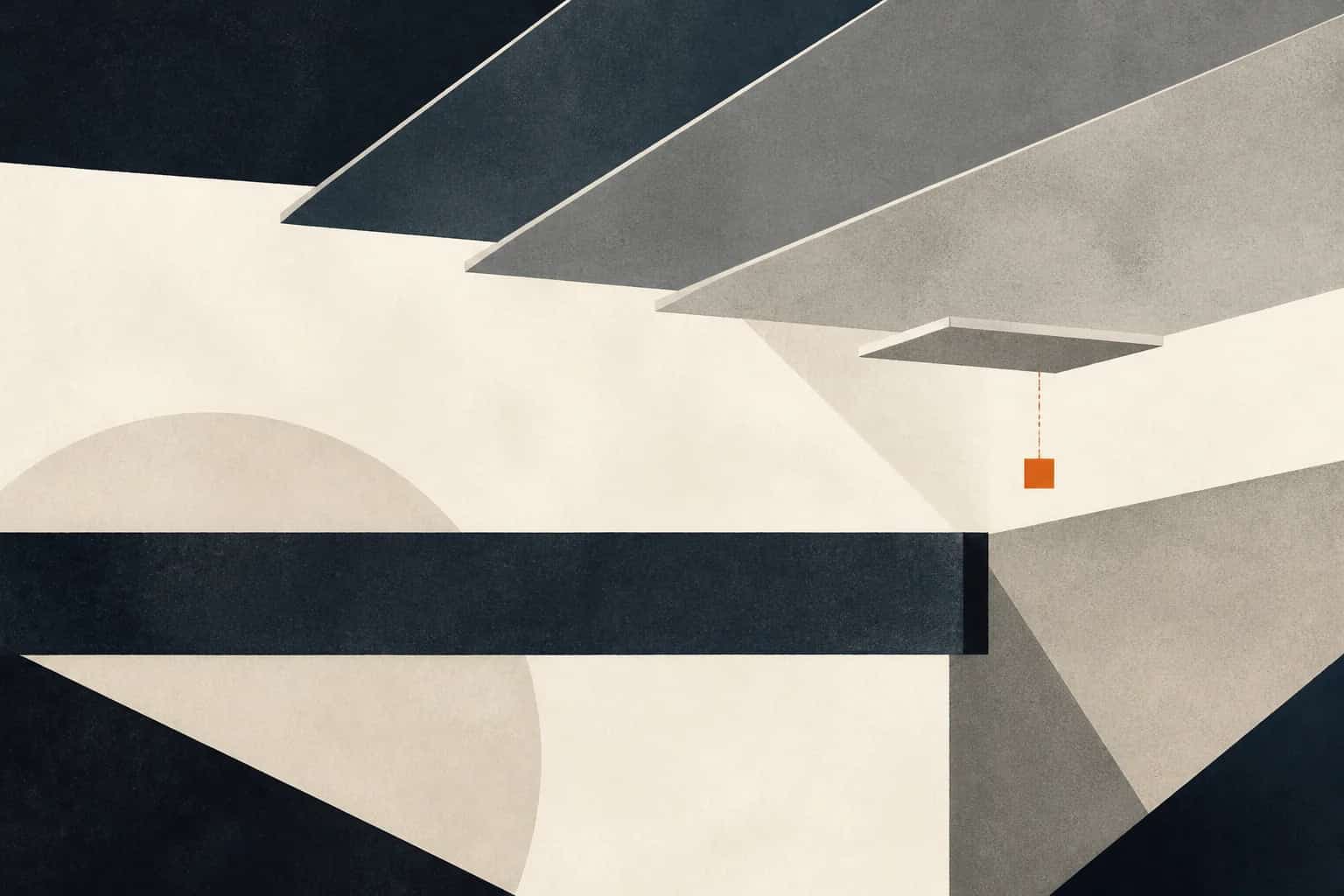 Four descending ceiling planes limit a horizontal credit beam, with a small orange headroom marker