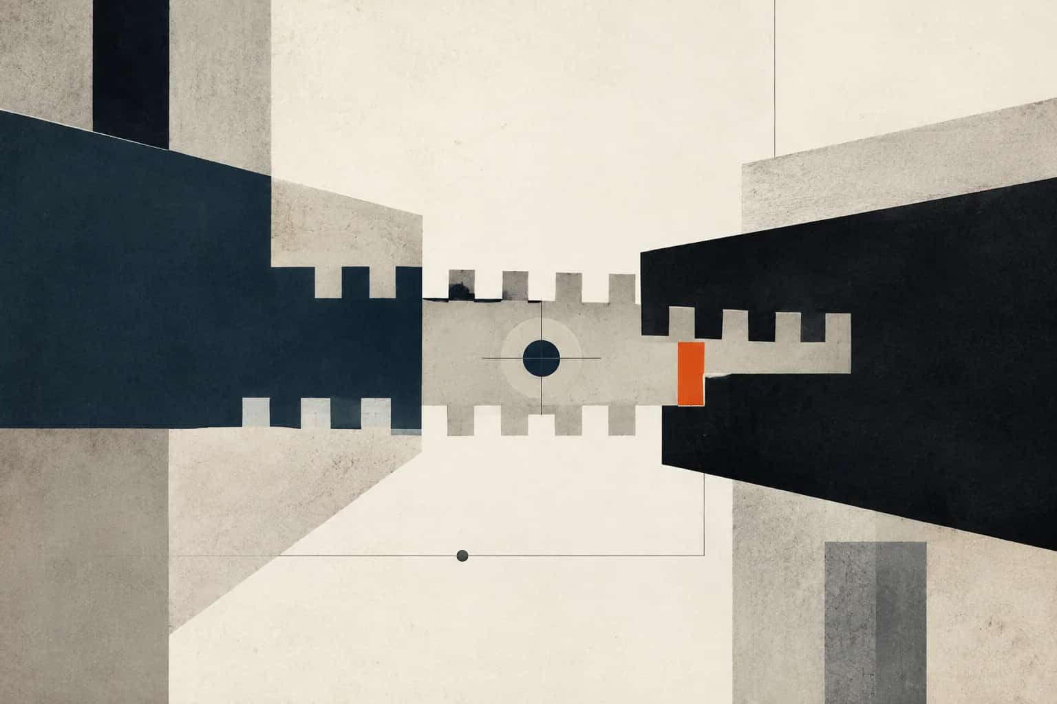 Interlocking navy transaction teeth closing around a central target slab with one orange slider