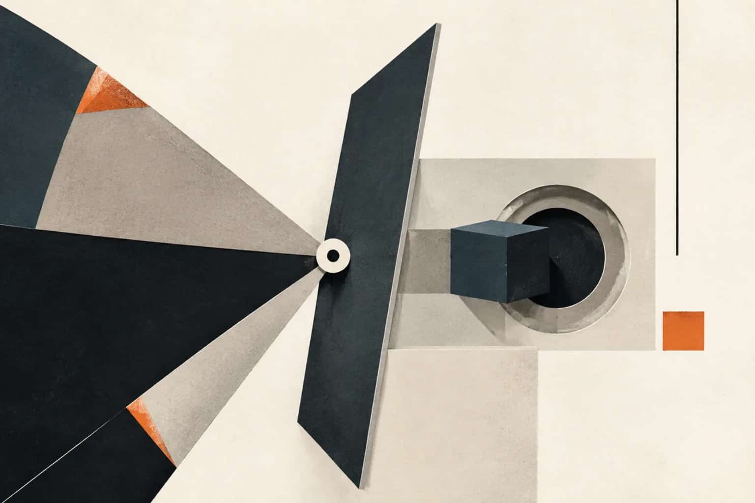 A dark ownership block passes through a hinged plane toward a circular closing seal, balanced by small orange valuation wedges
