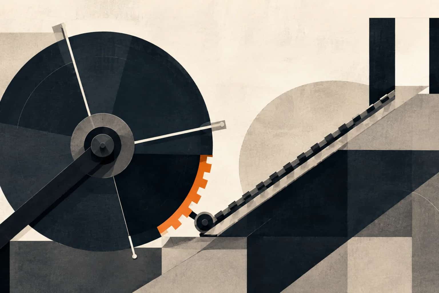 A dark ownership wheel stays fixed while a small orange sector drives a rising growth rail between three limit stops
