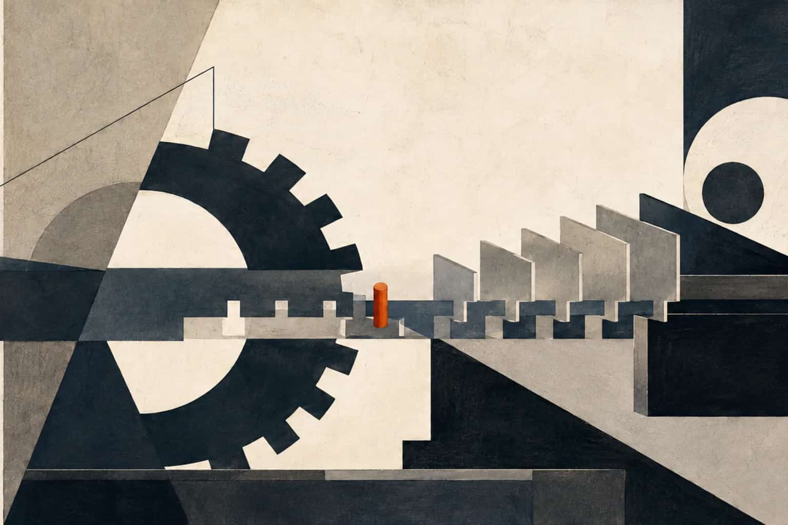 A stepped approval mechanism advances a company beam toward a receiving plinth, secured by one orange locking pin