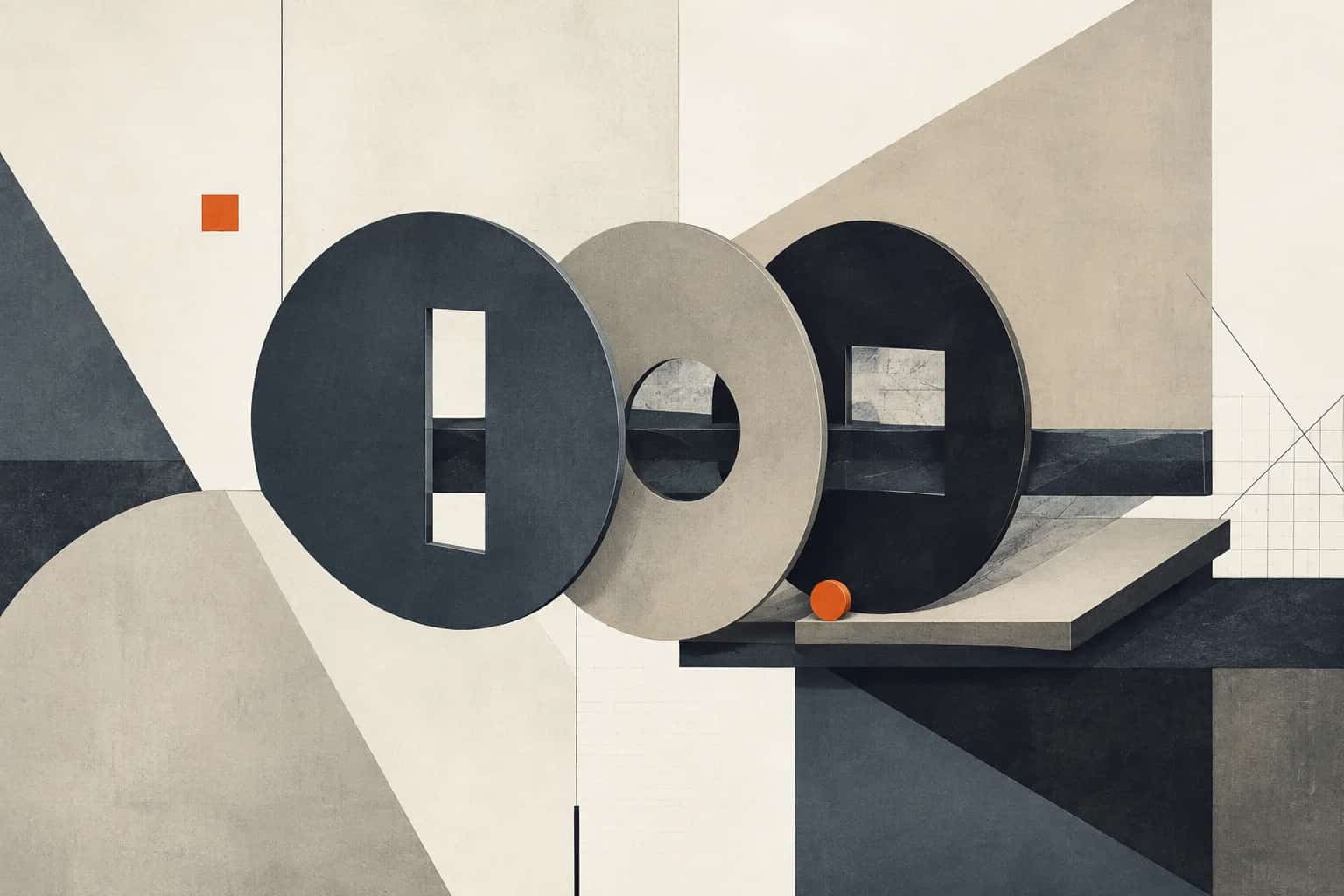 Three circular screens align around a slate bar on a layered platform, marked by a small orange pin