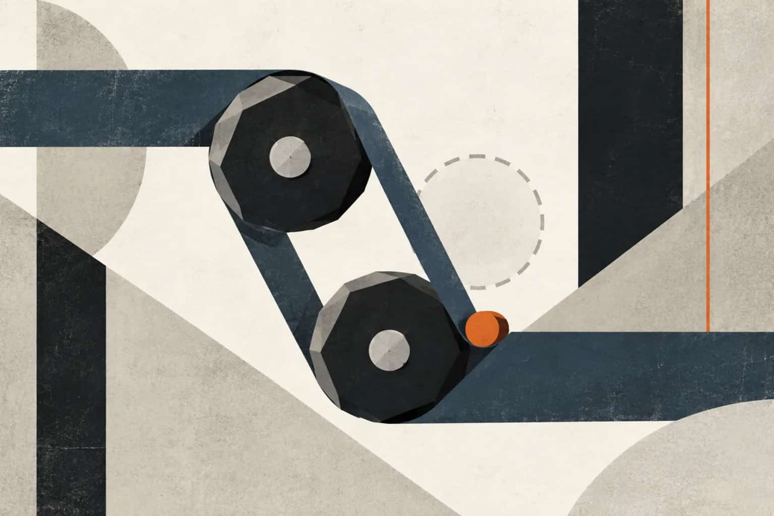 A slate ribbon rerouted through offset rollers around a vacant support, held taut by a small orange pin