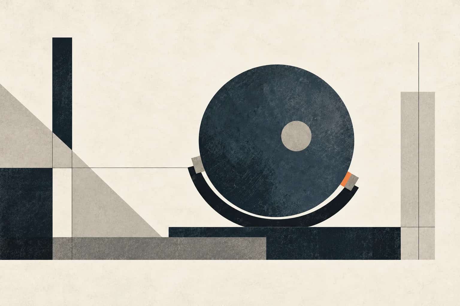 A slate disc with an off-center hub rests in a dark crescent, with two stops limiting its movement.