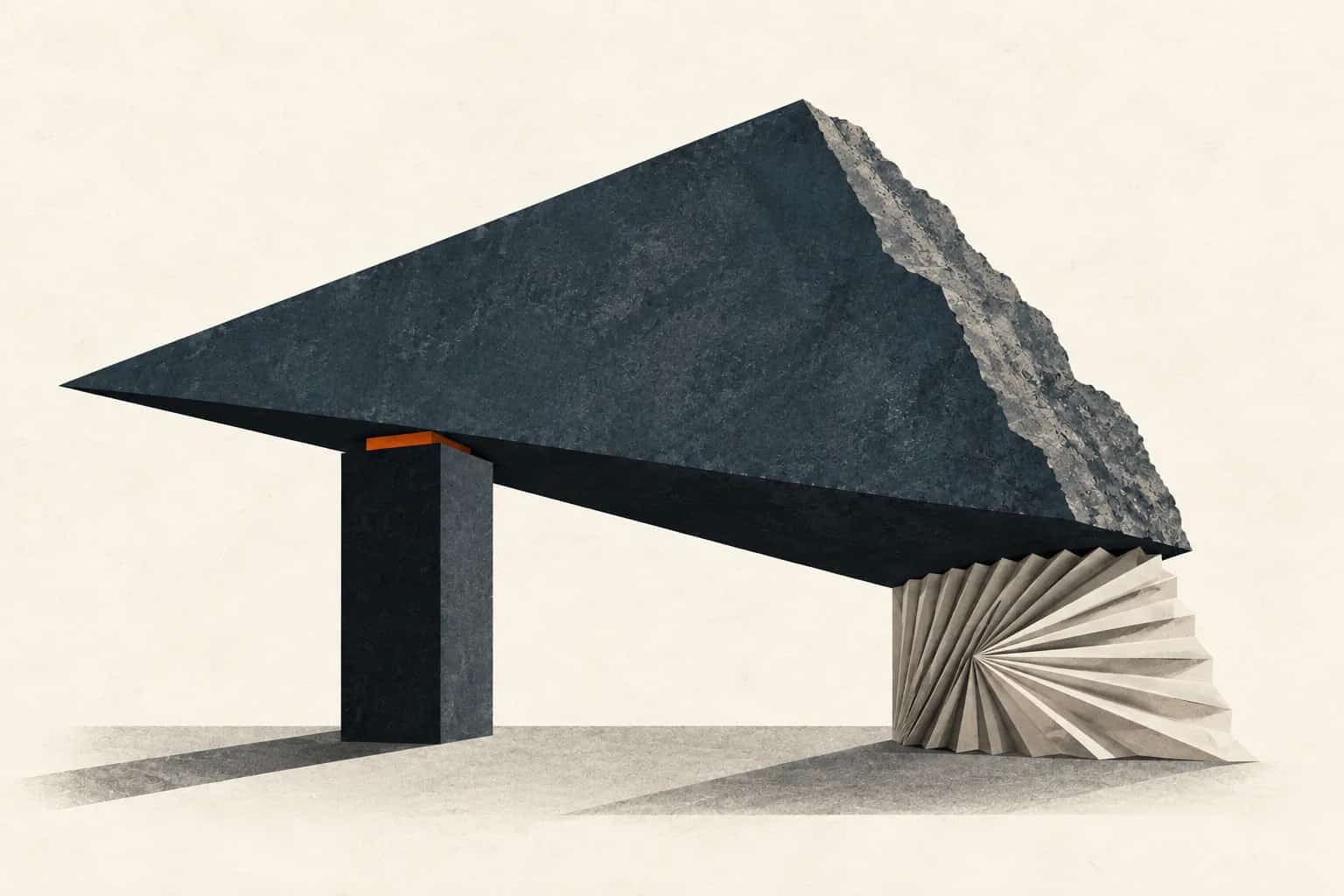 An expanding slate slab rests on a rigid pedestal and a pleated support, with a small orange clearance shim