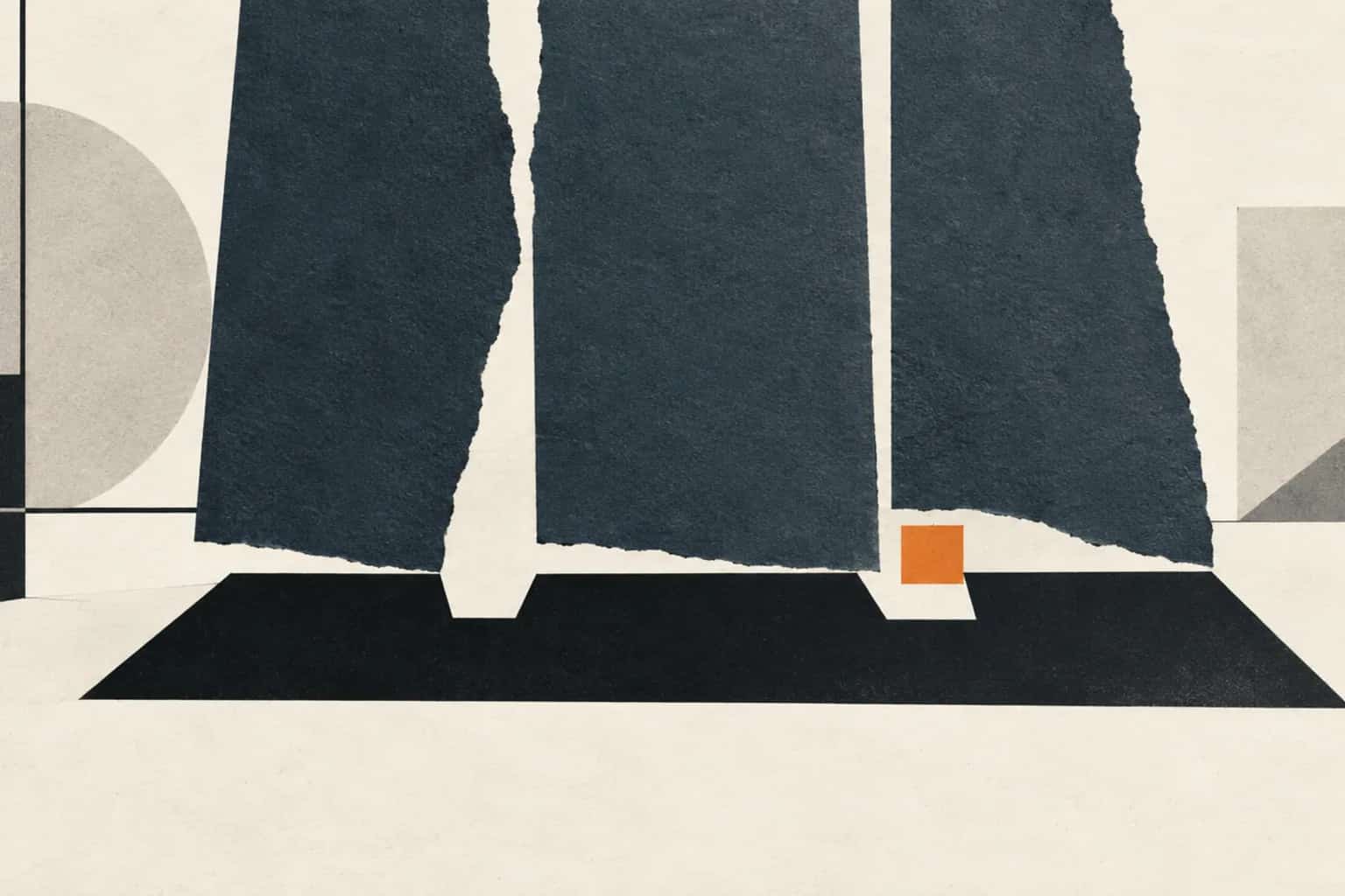 Three rough-edged slate strips align above a continuous dark plane, with a small orange square marking a discrepancy.